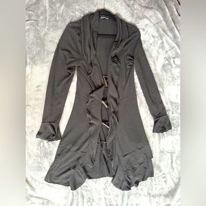 Earthbound Trading Company Long Black Boho Cardigan with Unique Ruffle Trim